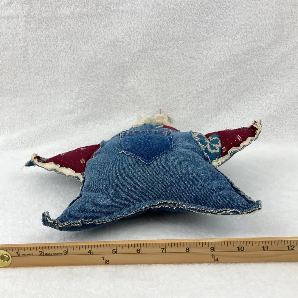 Handcrafted VTG Folkart Rustic Denim Santa Star Pillow Decor 12”